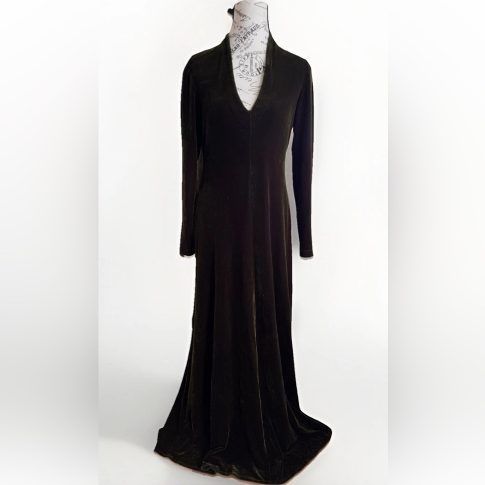 bruno duluc for kush green goth punk velvet velour v neck stretch maxi dress - Picture 3 of 14